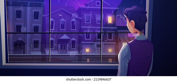 Man Looking At Window At Rain On City Street. Vector Cartoon Illustration Of Thunderstorm With Lightning In Town With Houses, Road And Person Standing Inside Home At Rainy Night