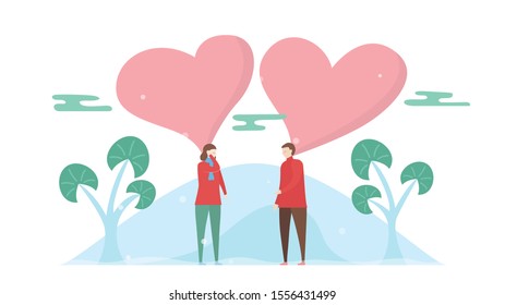 Man are looking at woman. Couple of love design for winter season. Vector illustration in flat style.
