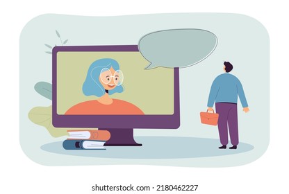 Man looking at woman on computer screen flat vector illustration. Person watching webinar or lecture online. Occupation, education concept for banner, website design or landing web page