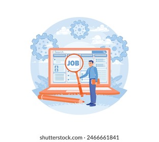 A man is looking for work. Find job vacancy articles on the laptop. Job Search concept. Flat vector illustration.