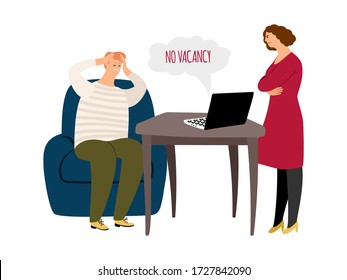 Hombre buscando trabajo. Sin vacantes, la esposa está enfadada con el marido desempleado. Crisis financiera, despidos y problemas en la ilustración de vectores empresariales
