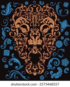 The man is looking at you. An illusory portrait of a man made of decorative elements. Editable hand drawn illustration. Vector vintage engraving. Isolated on black background. 8 EPS
