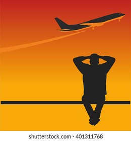 A man looks at the aircraft. Vector with gradient.