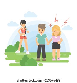 Man looks at another woman. Unhappy couple, fat jealous woman and errant man. Dreaming man looks at fit and sporty girl. Walking in park.