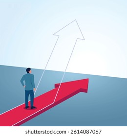 A man looks at an arrow that changes direction upwards. A metaphorical illustration for better changes, changing business opportunities and strategies.