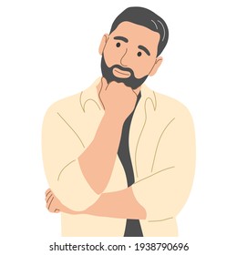 The man looks away and up in thought. Flat vector illustration.