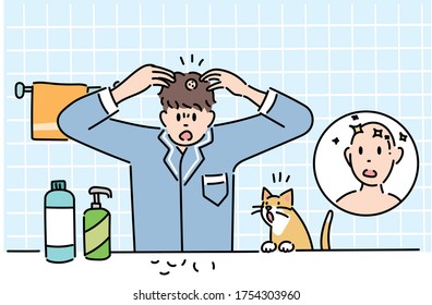 A man looks at the bathroom mirror and is shocked that her hair is missing. hand drawn style vector design illustrations. 
