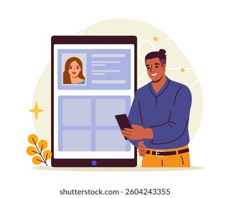 A man looks at a candidate s digital resume on a large tablet while holding a smartphone, in a flat graphic style, with a white background. Concept of job recruitment. Vector illustration