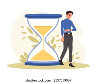 Man looks at clock. Time running out, management. Responsible employee, character trying to meet deadline. Young businessman or entrepreneur making appointment. Cartoon flat vector illustration