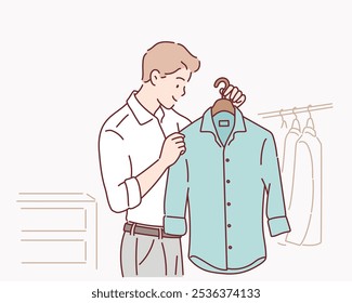 Man looks for clothes at fashion shop. Hand drawn style vector design illustrations.