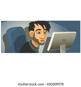A man looks at a computer monitor. Vector illustration.