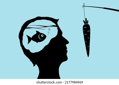 Man looks at a dangle carrot. Vector illustration