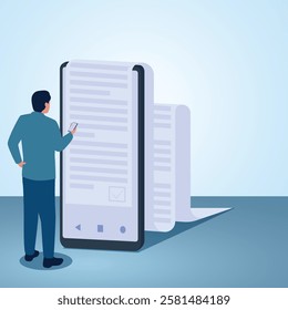 A man looks at the description on his mobile phone. Illustration for terms and conditions.
