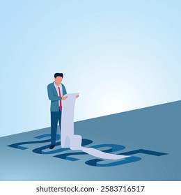 A man looks at the details of a target list above the shadow of the number 2025. Illustration for new year goals, new targets and new challenges.