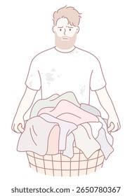 A man looks distressed with a full laundry basket, symbolizing the burden of household chores and responsibilities