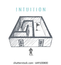 A man looks at the doors. Vector concept illustration. Hand drawn sketch. Lettering intuition.