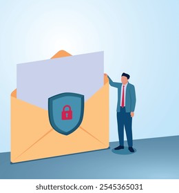 Um homem olha para um envelope de email com um cadeado e um escudo na frente dele. Ilustração para segurança de email, proteção digital, privacidade e confidencialidade.