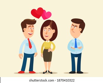 Man looks enviously at a couple in love. Young man is envious and jealous of friend. Love triangle. Сompetition between friends. Vector illustration, flat design, cartoon style, isolated background.