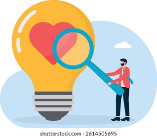 A man looks at a heart in a lamp glass through a magnifying glass, an illustration of looking for passion.

