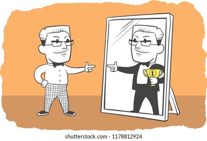 The man looks at himself in the mirror 