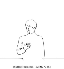 man looks at his fingernails with fingers bent - one line art vector. concept checking manicure