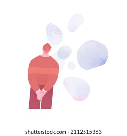 A man looks at his thoughts from the side. Cognitive behavioral psychotherapy. Mental health. Calmness. Flat cartoon conceptual illustration.
