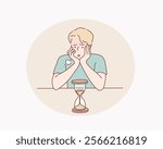 Man looks at the hourglass, thinking, planning and focus in actions. Man worrying about deadline terms. Hand drawn style vector design illustrations.