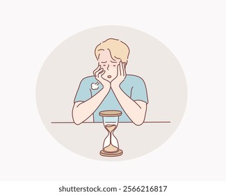 Man looks at the hourglass, thinking, planning and focus in actions. Man worrying about deadline terms. Hand drawn style vector design illustrations.