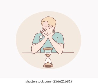 Man looks at the hourglass, thinking, planning and focus in actions. Man worrying about deadline terms. Hand drawn style vector design illustrations.