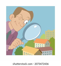 A man looks at the house through a magnifying glass. Business character made in cartoon style.