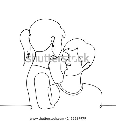 man looks hypnotized into the face of a woman who is taller than him - one line art vector. concept man in love, heed someone else's word, height difference. Hand made vector not AI