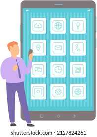 Man looks at icons of applications on smartphone screen. Social networks, media, phone programs vector illustration. Modern phone desktop interface with apps. User studies programs of mobile device