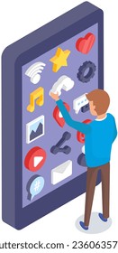 Man looks at icons of applications on smartphone screen. Social networks, media, phone programs vector illustration. Modern phone desktop interface with apps. User interacting with mobile device