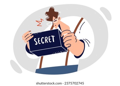 Man looks into box with secret documents, wanting to find out private and confidential information not intended for disclosure. Business guy keeps own secret, hiding data that could damage reputation