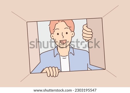 Similar – Image, Stock Photo curious man opens the door and looks into the room