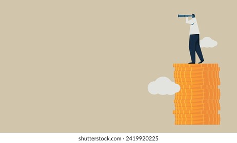 A man looks into the distance using a telescope from above a pile of coins. There are clouds around.