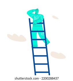 Man looks into the future at the top of ladder. New business ideas. Concept of choosing the direction of development. Colorful vector illustration
