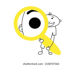 A man looks into a magnifying glass. Online search, study and observation concept.