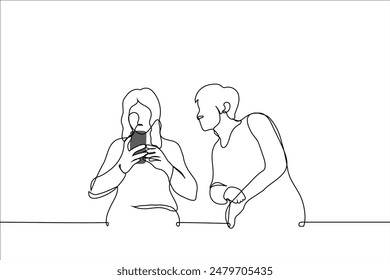 man looks into the phone screen of a woman sitting next to him - one line art vector. concept a stranger peeps into your correspondence, a jealous and suspicious man. Handmade vector not AI