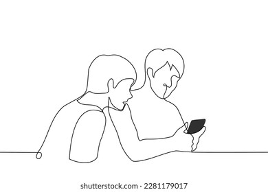 man looks into a stranger's phone - one line drawing vector. concept peek into someone else's phone