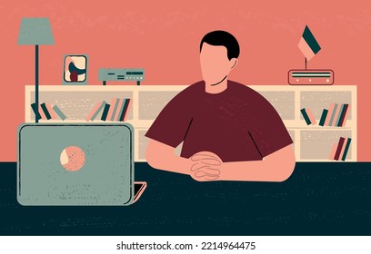 A man looks at a laptop. Hand drawn. Colorful abstract vector illustration