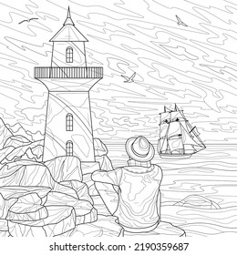 A man looks at the lighthouse   the ship at sea Coloring book antistress for children   adults  Illustration isolated white background Zen  tangle style  Hand draw