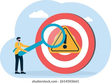 Man looks with magnification at the center of the target, a metaphor for risk. Simple flat conceptual illustration.

