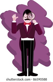 The man looks in magnifying glass