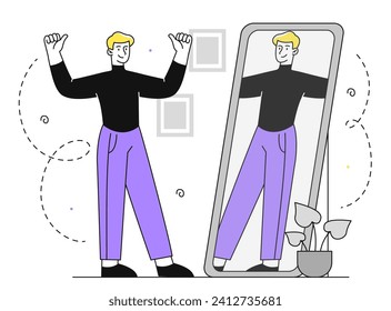 Man looks mirror linear. Young guy with high self esteem and acceptance. Good feelings and emotions. Positivity and optimism. Doodle flat vector illustration isolated on white background