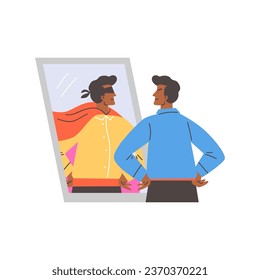 Man looks in mirror and sees superhero in reflection flat style, vector illustration isolated on white background. Decorative design element, positive and motivation, emotional character