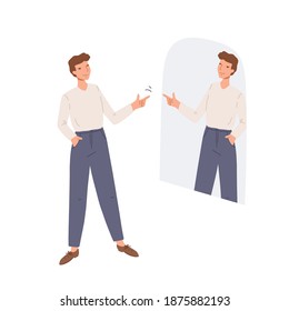 Man looks in the mirror and shows hand gesture of support and understanding to his reflection. Guy expresses positive message to his mirroring. Concept of self-love and acceptance. Flat illustration