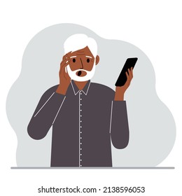 A man looks at a mobile phone. A man with an open mouth looks at the phone he holds in his hand. Vector flat illustration.