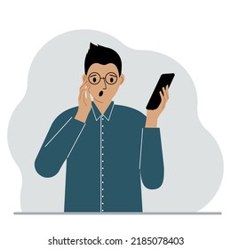 A man looks at a mobile phone. A man with an open mouth looks at the phone he holds in his hand. Vector flat illustration.