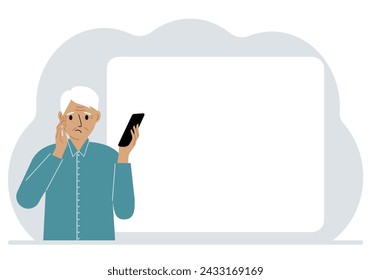  A man looks at a mobile phone. Reads SMS, news or social networks. Large white sheet for text.